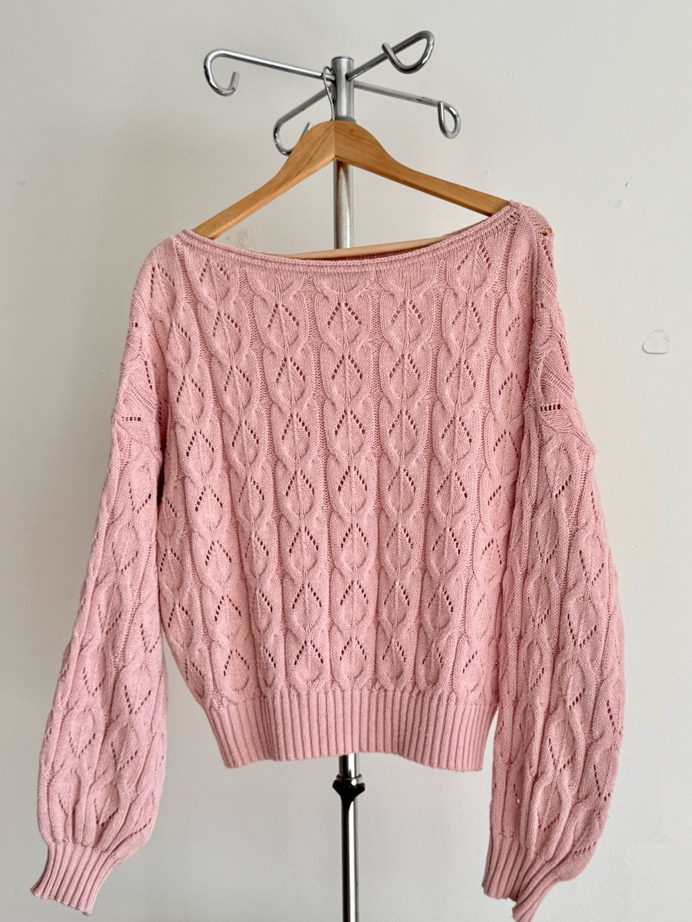 ONLY LIFE Pastel Pink Chunky Cable Knit Open Stitch Slouchy Sweater